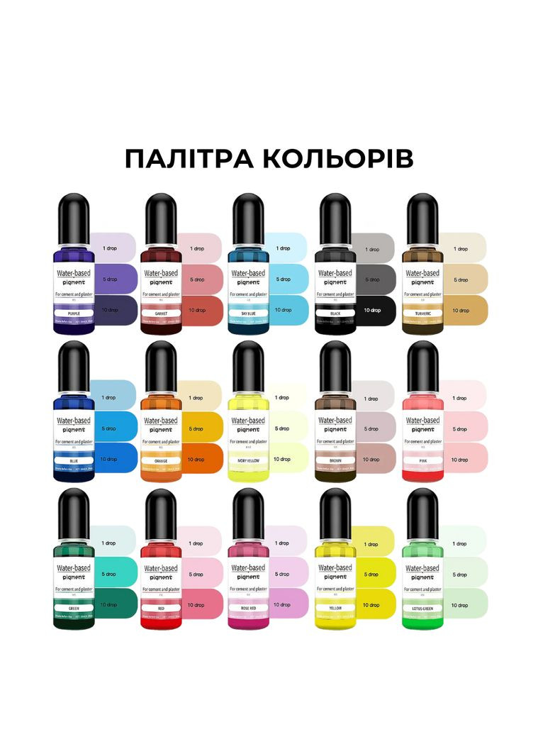 Жидкие пигменты для бетона, гипса и штукатурки, 15 цветов по 10 мл, водное основание No Brand (344573482)