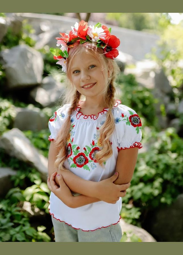 Белая вышиванка для девочки с коротким рукавом hc (h001-6366-038-22) (299915944)