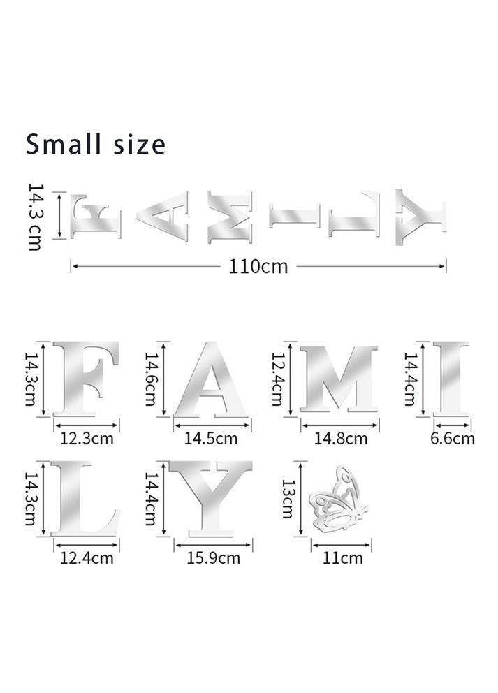 Зеркальные акриловые наклейки буквы FAMILY с бабочками 90 см No Brand (327105838)