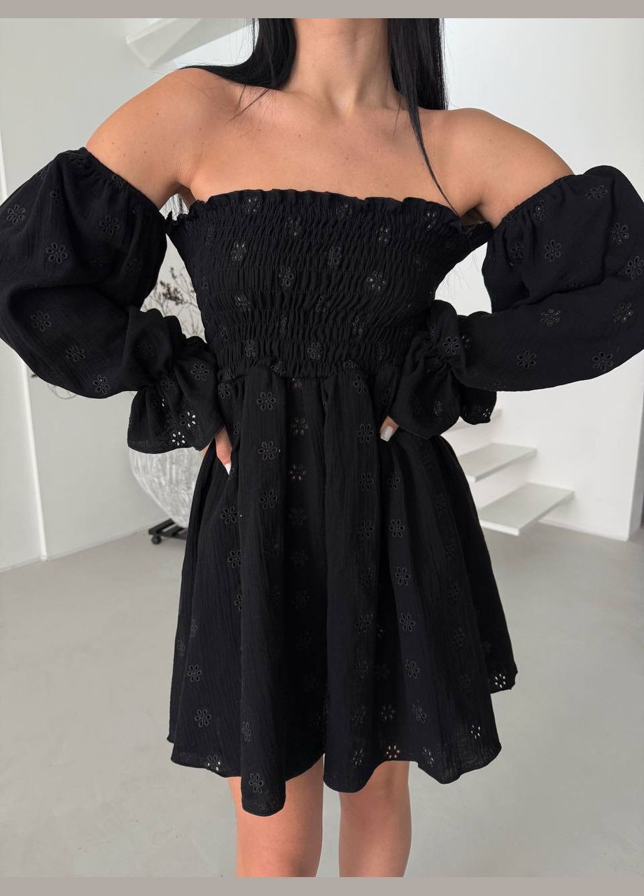 Черное кэжуал, коктейльное платье из муслина колокол No Brand однотонное