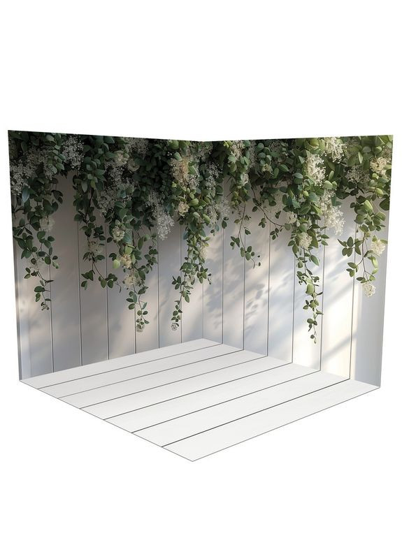 Фон вініловий 3D кутовий, рослинна стіна, коричнева дерев’яна і рейкова підлога для зйомки, 60×60 см, №58460 PhotoVinyl (354364560)