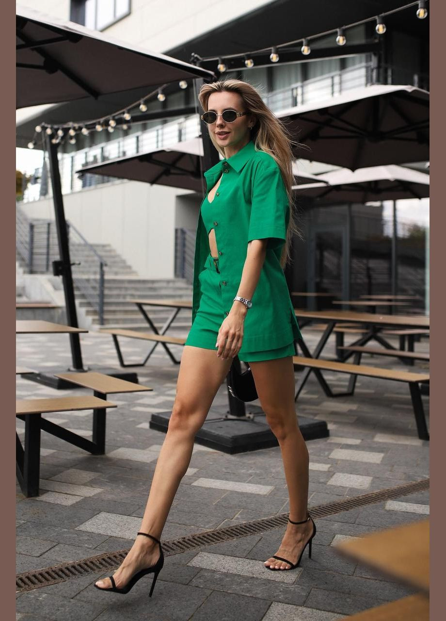 Женский комплект (рубашка, топ, шторты), трэндовый летний лляной костюм, подойдет для встреч и прогулки Intruder (347579777)