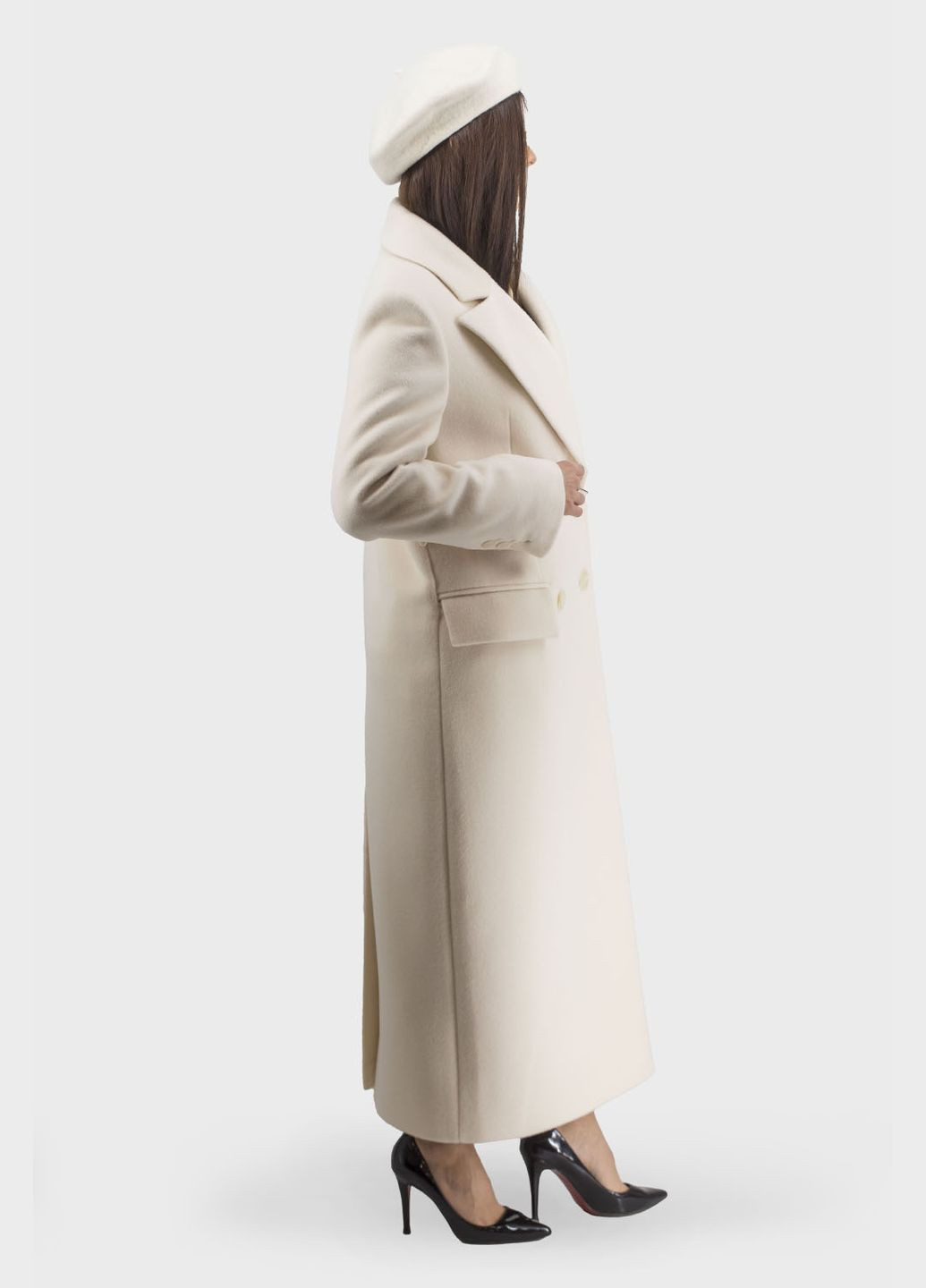 Молочне демісезонне Довге жіноче двобортне вовняне пальто з кашеміром, поясом і англійським коміром, класичний стиль Stella Polare (, ), 46776 No Brand