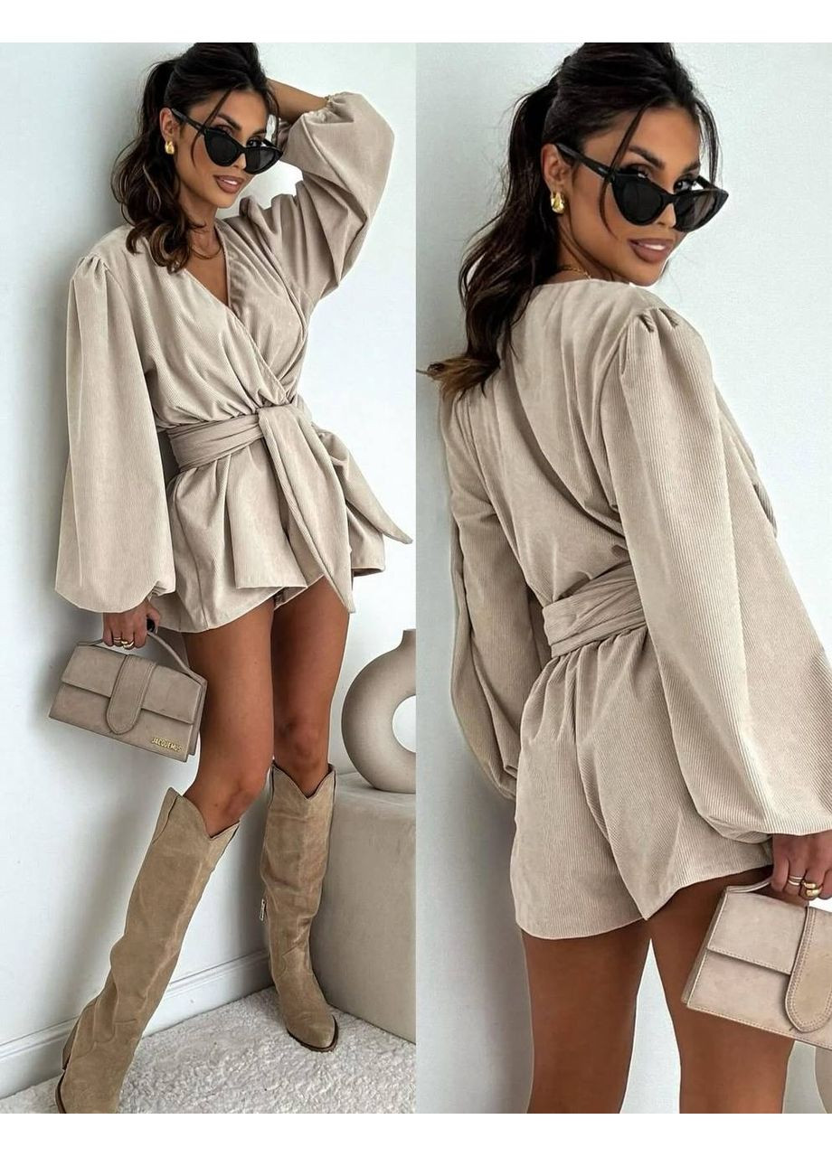 Комбинезон женский из микро-вельвета Style Point комбинезон-шорты однотонный бежевый повседневный, кэжуал вельвет