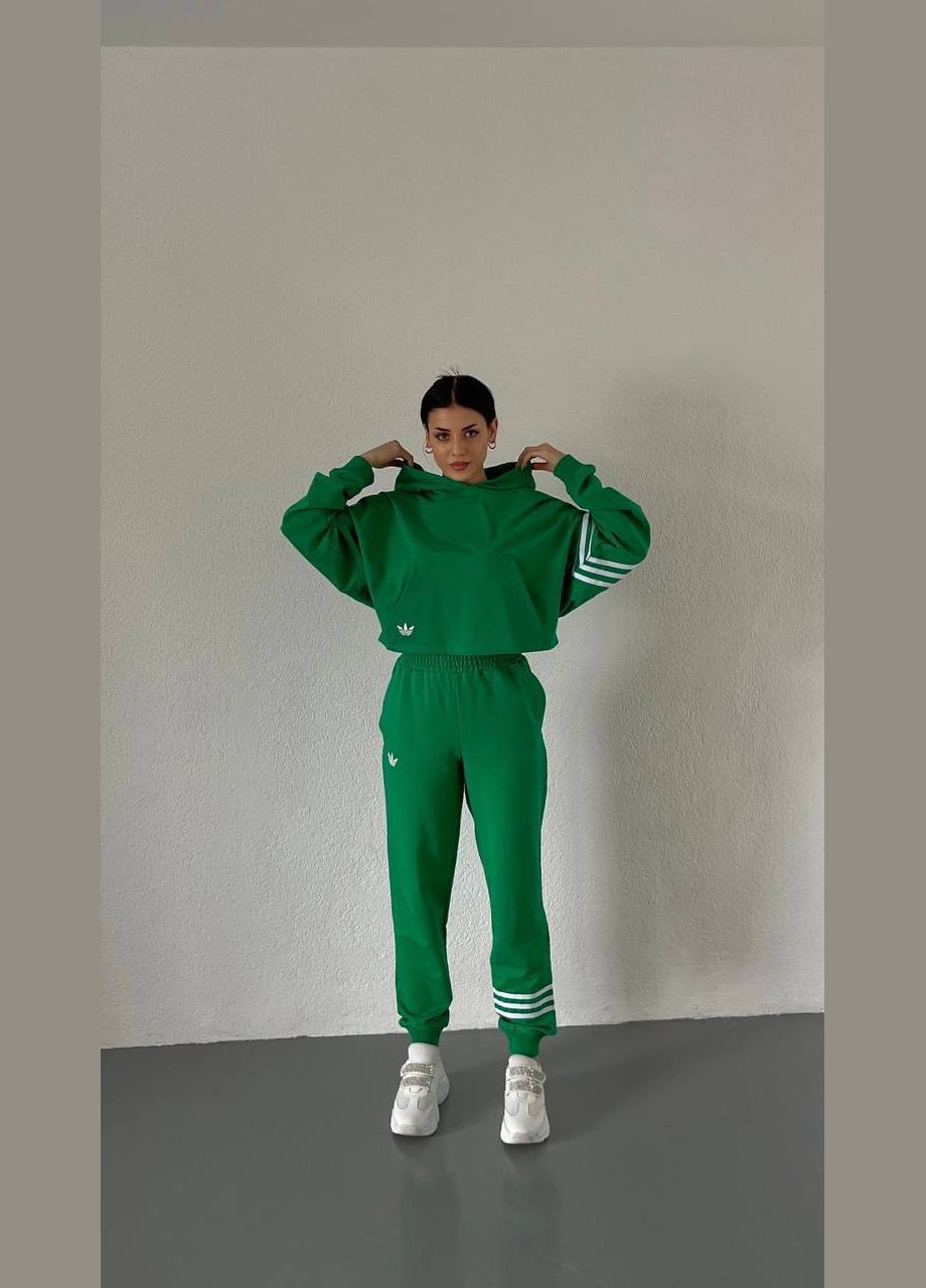 Шикарный зеленый спортивный костюм двойка "adidas" из двухнитки люкс качества, прогулочный костюм 2-ка (кофта+штаны) No Brand 068-3 (282970327)