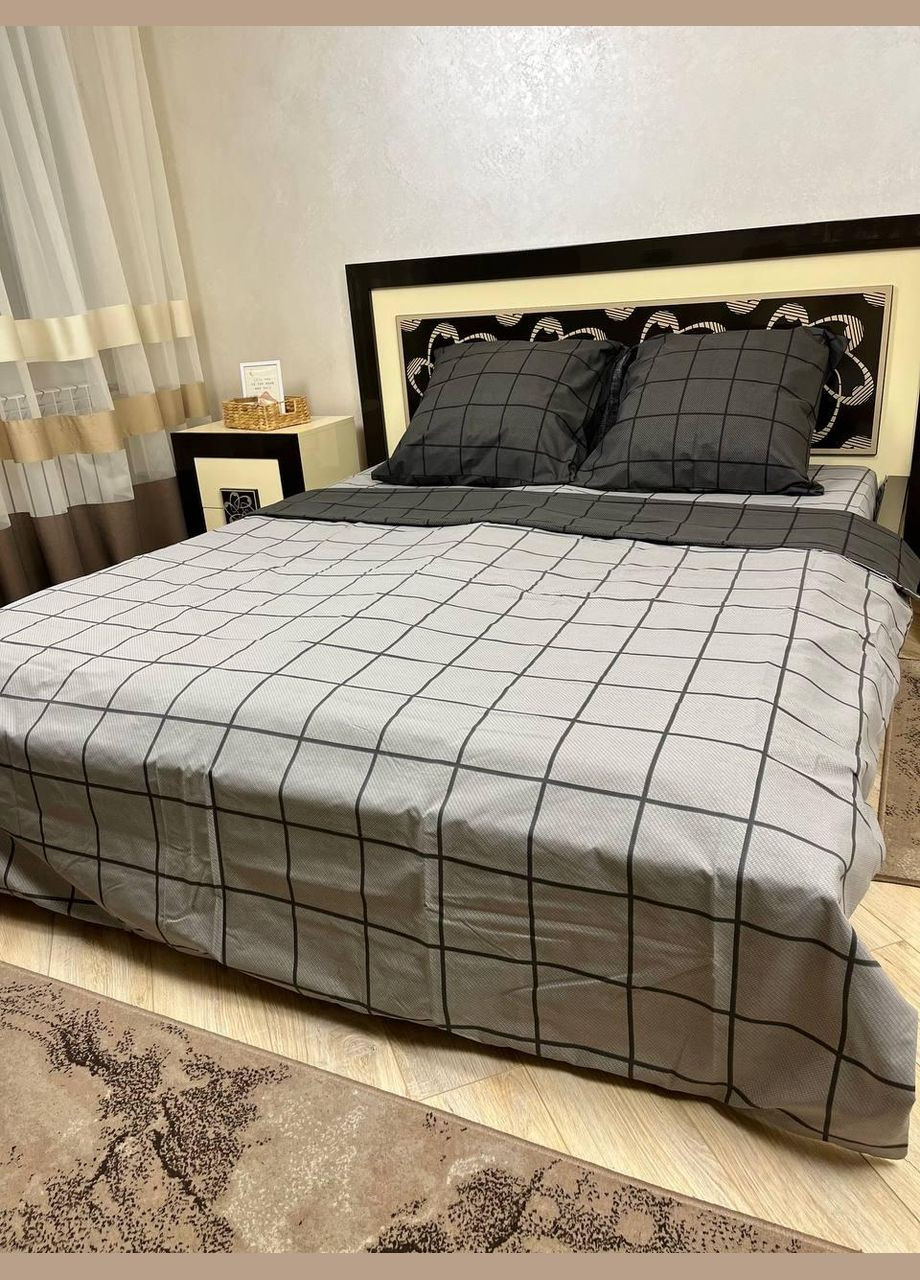 Постельное белье хлопковое в Клетку Двуспальное Простынь на резинке 160x200х20 Бязь Серое 70 х 70 No Brand (278272070)