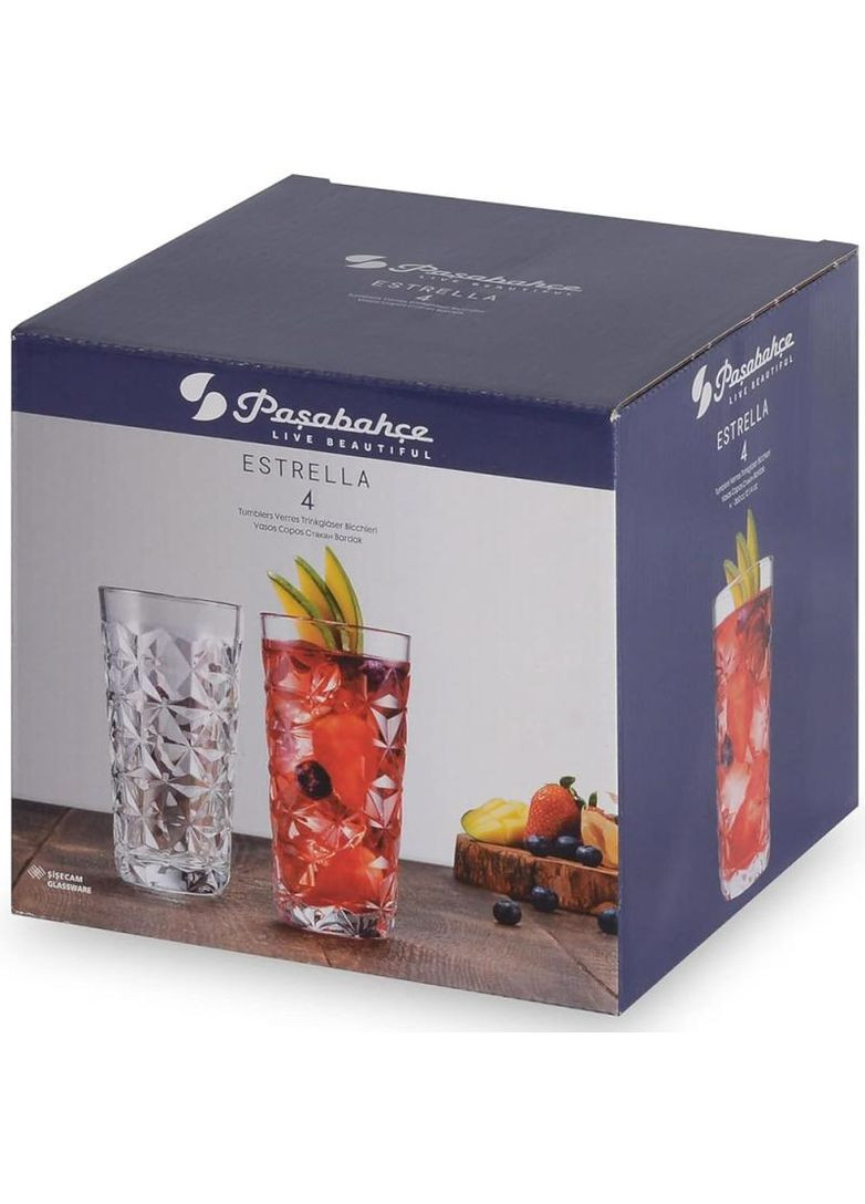 Набор 4 стакана ESTRELLA 360мл, высокие стаканы в подарочной коробке. Pasabahce (372292228)