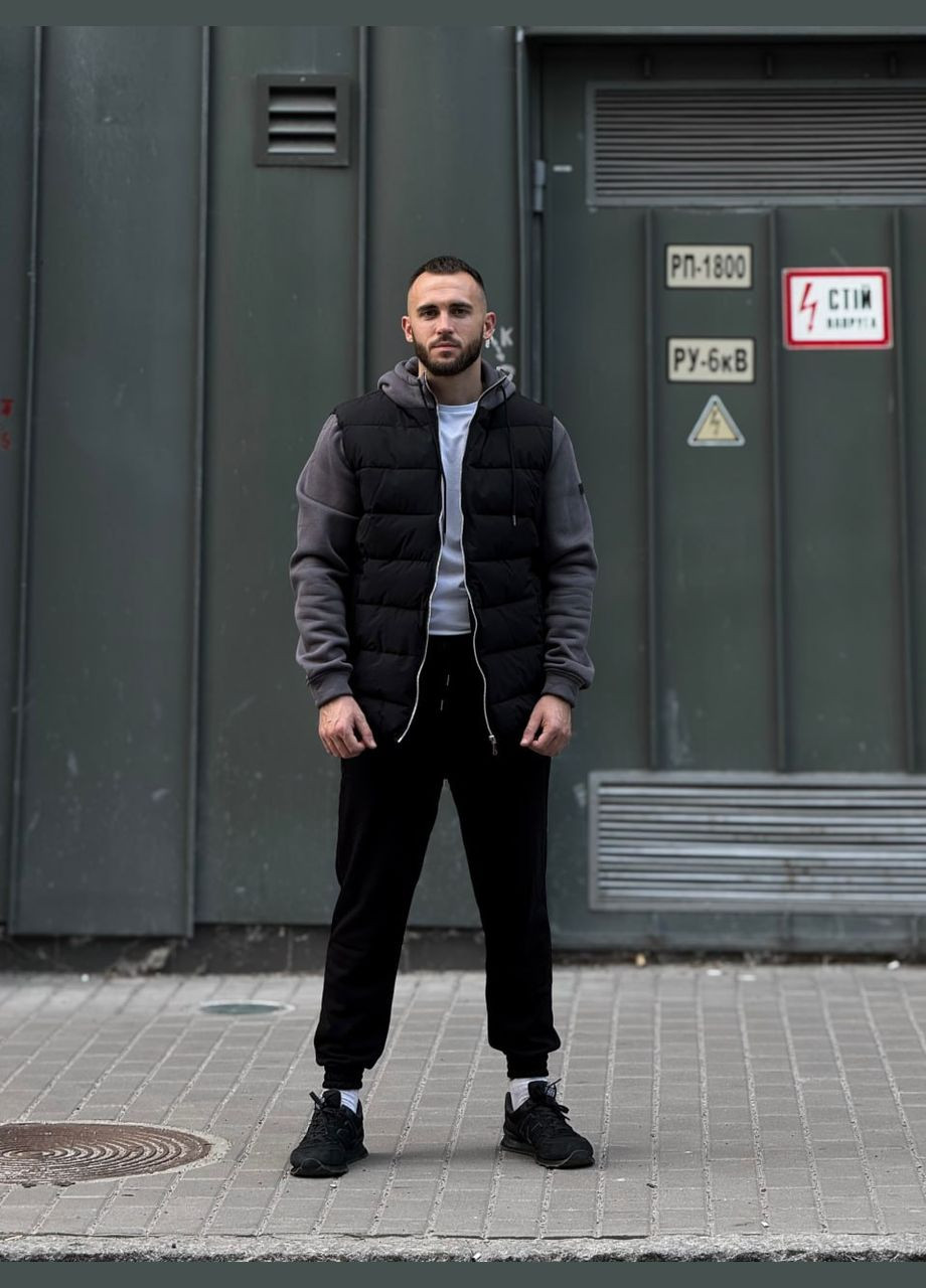 Графитовая демисезонная куртка на пуху с трикотажными рукавами и капюшоном Vakko