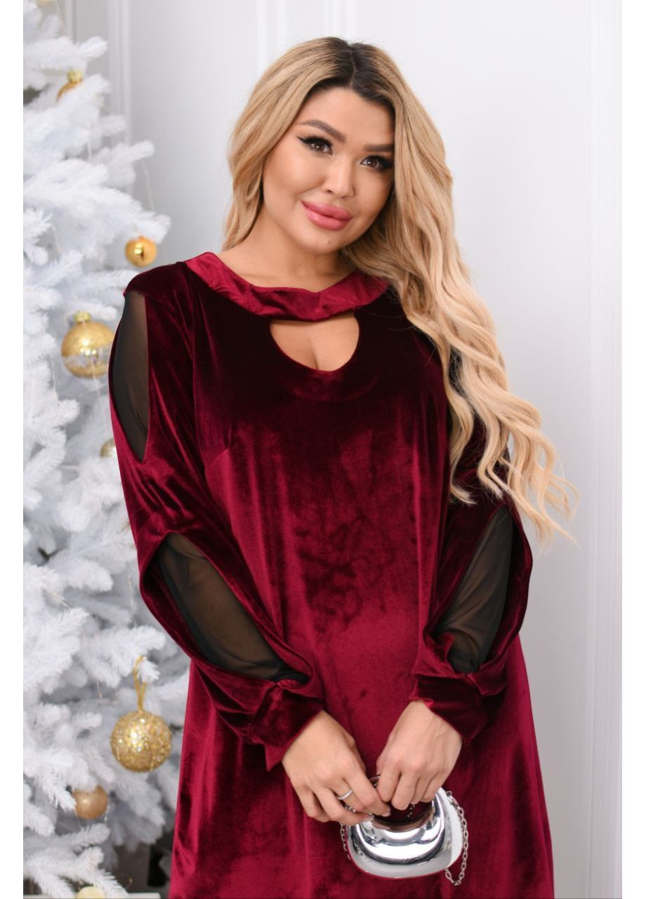 Бордовое праздничный, вечернее, кэжуал женское платье бархатное больших размеров Style Point однотонное
