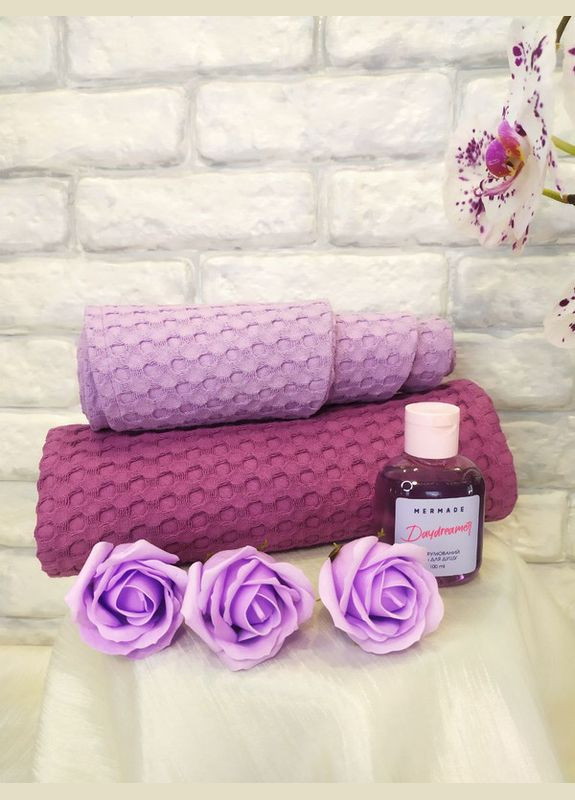 Подарок на день рождения набор вафельных полотенец, тюрбан, парфюмированный гель Mermade, мыльные цветы розы (5743-2188) No Brand (301035413)