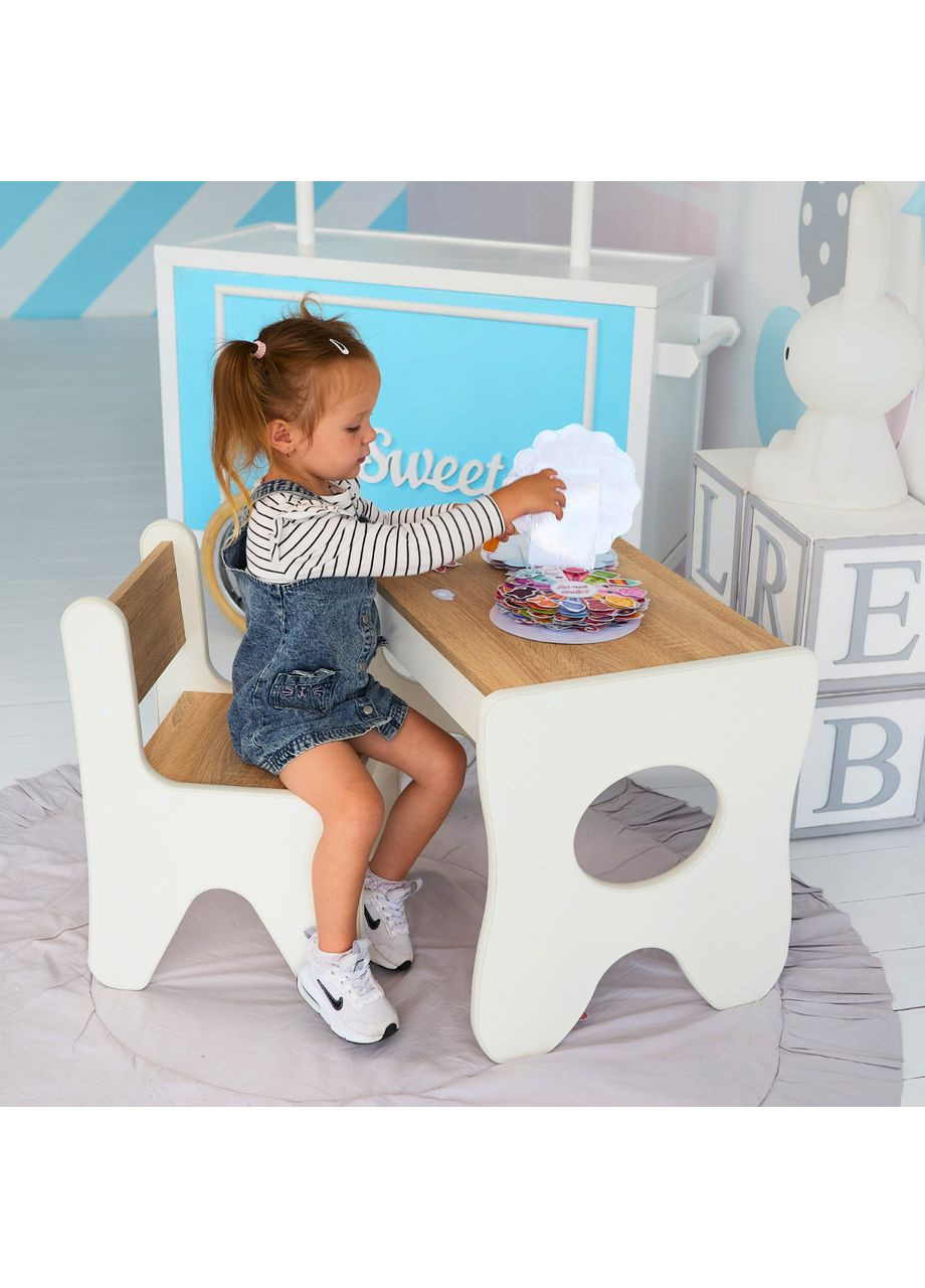 Столик та стільчик для дитини 70×45×51, дитячий гральний стіл та стілець, білий з деревом No Brand (361259136)