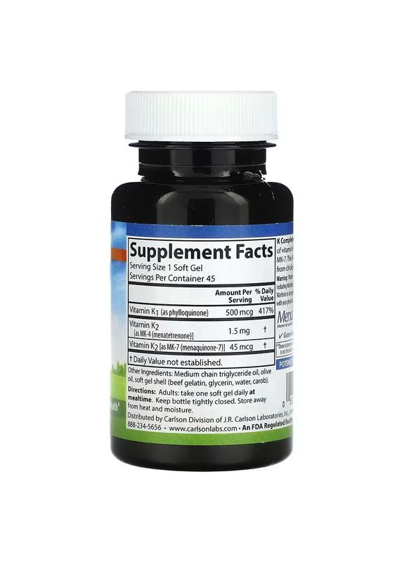 Комплекс вітамінів К1 і К2 "K-Complete", 45 желатинових капсул Carlson Labs (369164517)