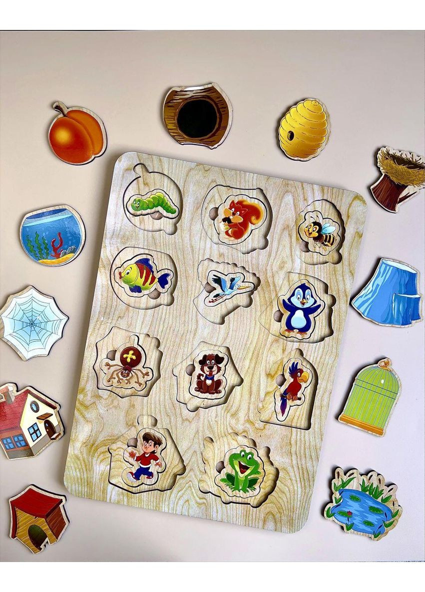 Сортер вкладиш "Хто де живе?" дерев'яний (ПСД059) Ubumblebees (362433082)