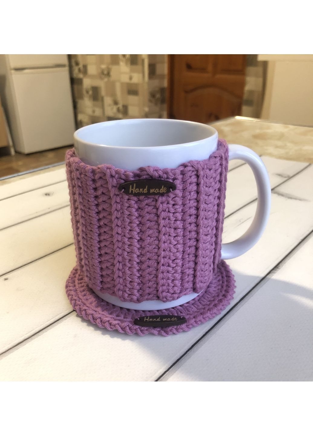 Набор для чая или кофе: чашка 330 мл, вязаная грелка-свитер и подставка для чашки фиолетовые, подарочный набор No Brand (365797654)