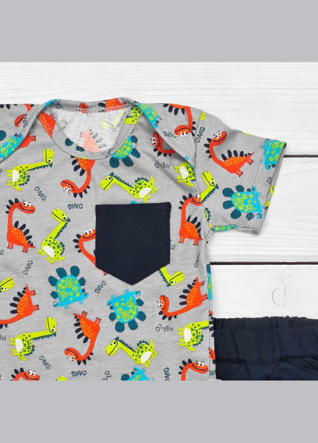 Комбінований літній дитячий комплект футболка та шорти на літо dinosiki сірий;темно-синій dexter's