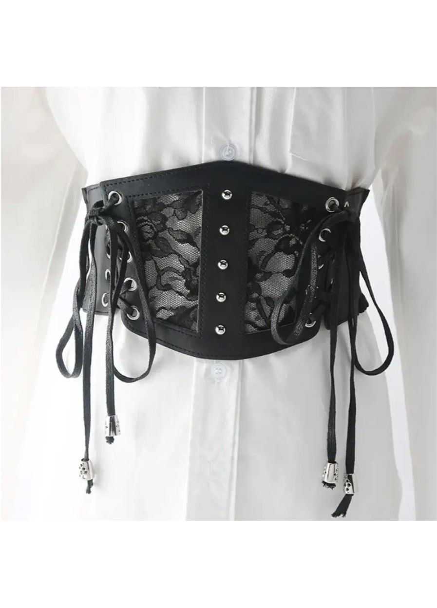 Женский корсет с гипюровыми вставками черный, кожаный пояс со шнуровкой 66–85 см, молодежный аксессуар No Brand (362682301)