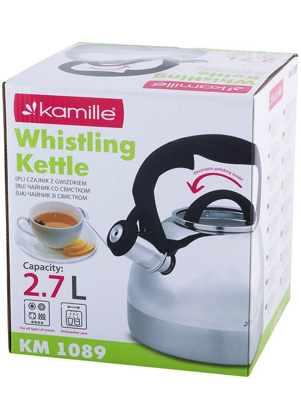 Чайник Whistling Kettle 2.7л зі свистком та скляною кришкою Ø20х23 см Kamille (289462864)