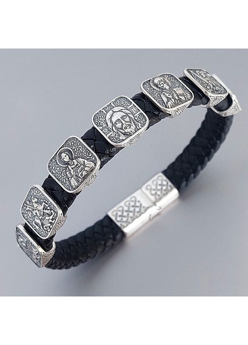 Браслет православный с ликами святых из серебра и кожи No Brand (365280587)