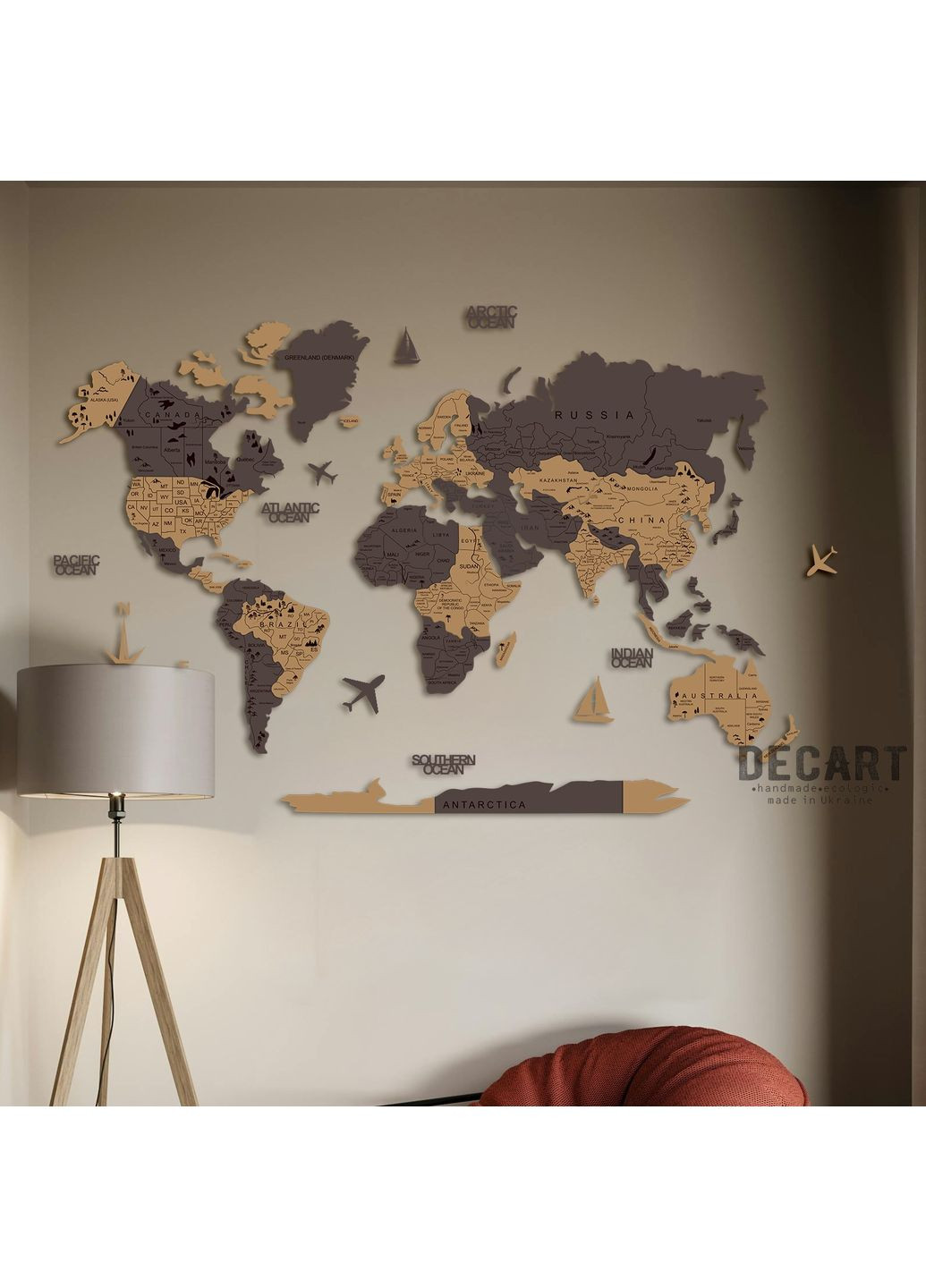Панно из дерева на стену . Декор на подарок "Карта Мира с гравировкой Дуб" 250х120 см Decart (360610659)