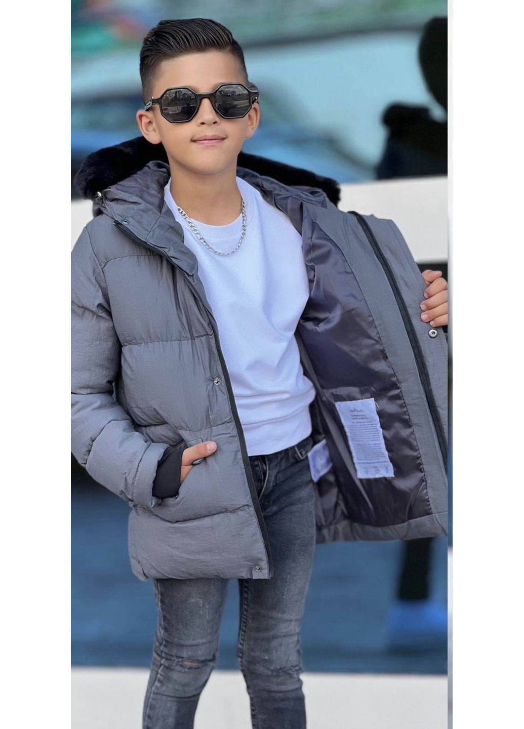 Сіра зимня дитяча зимова куртка-пуховик для хлопчика 98-104 см сіра No Brand