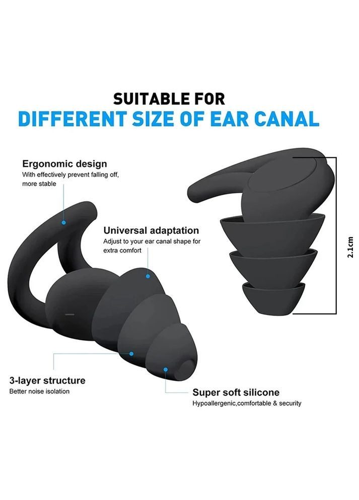 М'які багаторазові беруші з силікону з 3 шарами захисту Шумопоглинаючі затички для сну і плавання Чорні No Brand (362412772)
