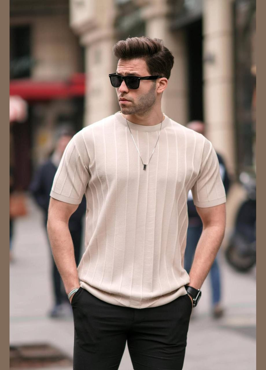 Бежева однотонна бежева футболка у стилі оверсайз шикарної якості, повсякденна турецька футболка No Brand 5684-1