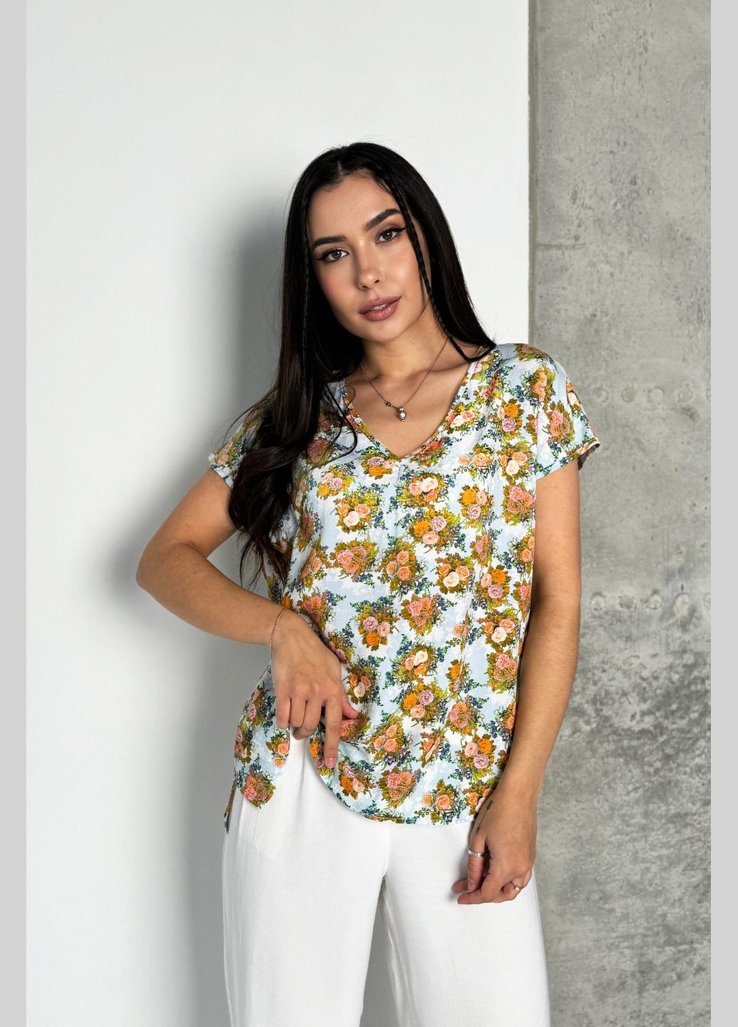 Комбінована літня повсякденна стильна жіноча блуза у квітковий принт INNOE Блуза