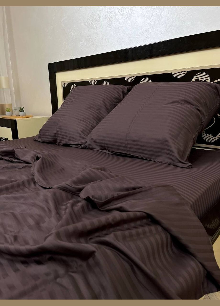 Постільна білизна бавовняна в смужку Двоспальна 180 x 220 Страйп сатин 70 x 70 Коричнева No Brand (332945827)