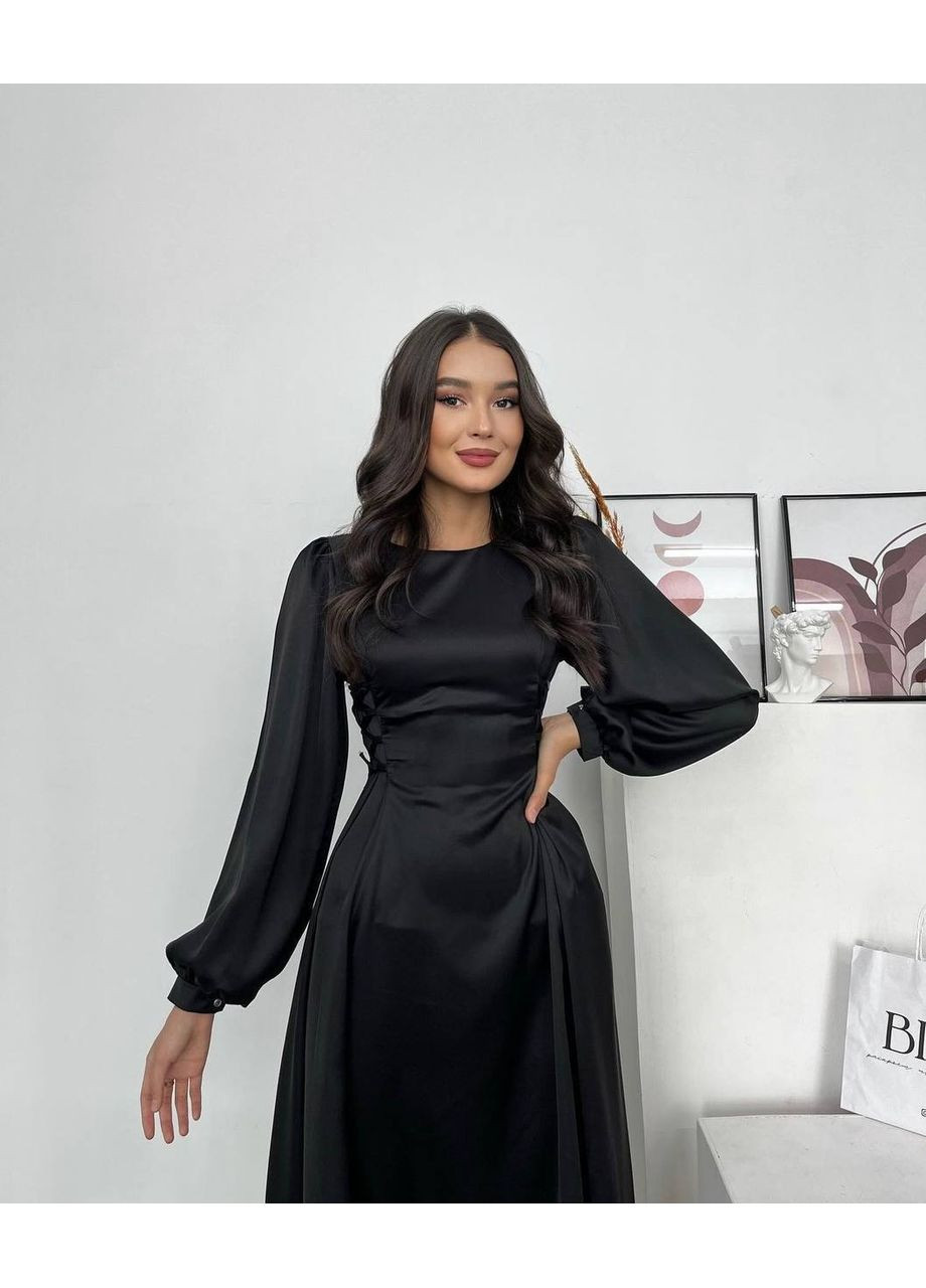 Черное вечернее вечернее шелковое платье люкс с объемными рукавами Україна однотонное