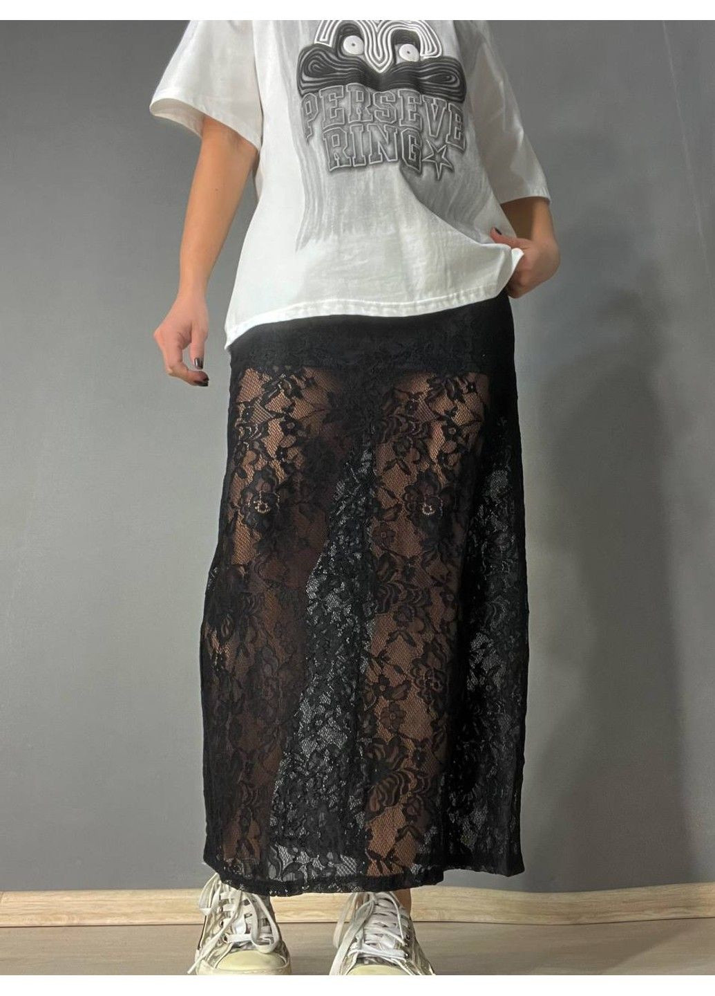 Черная юбка женская shiqi 9314 гипюровая прозрачная длинная с подкладкой стрейтчевая черная No Brand