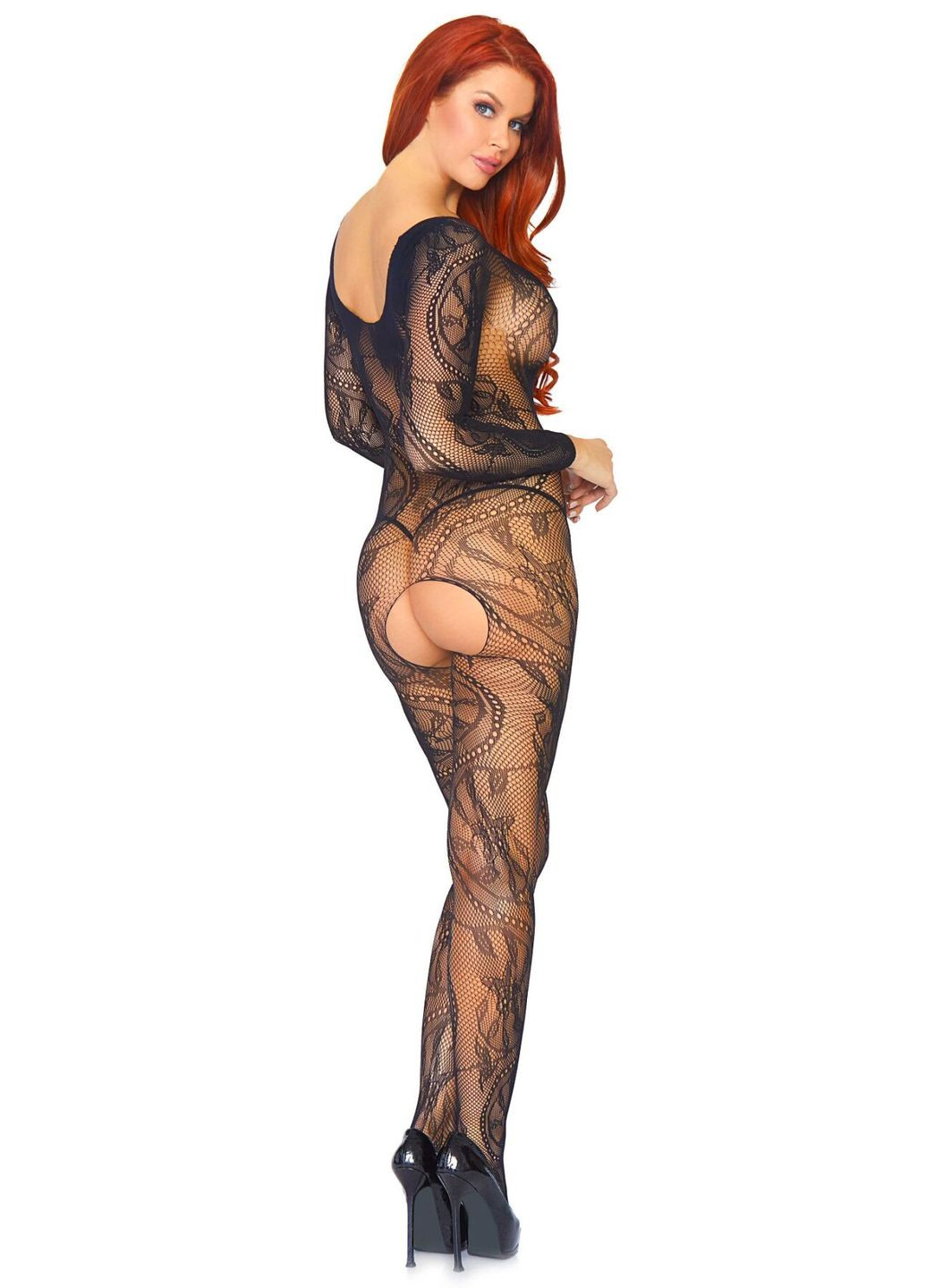 Swirl Lace Bodystocking Black O/S Leg Avenue (297587120)