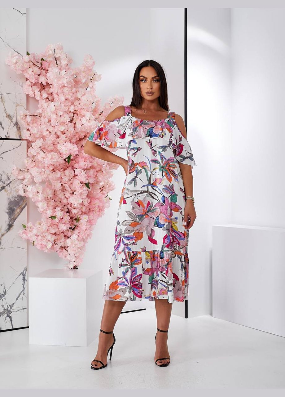 Белое праздничный, коктейльное, повседневный, кэжуал, вечернее стильное яркое платье с открытыми плечами No Brand с абстрактным узором