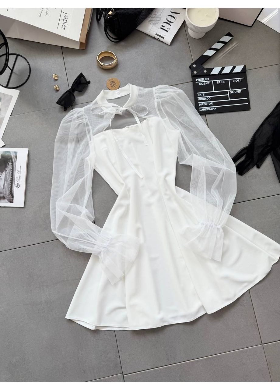 Молочна коктейльна сукня з креп-дайвінгу та сітки • вишукана й ніжна • заміри в описі DK/DL Мода без кордонів однотонна