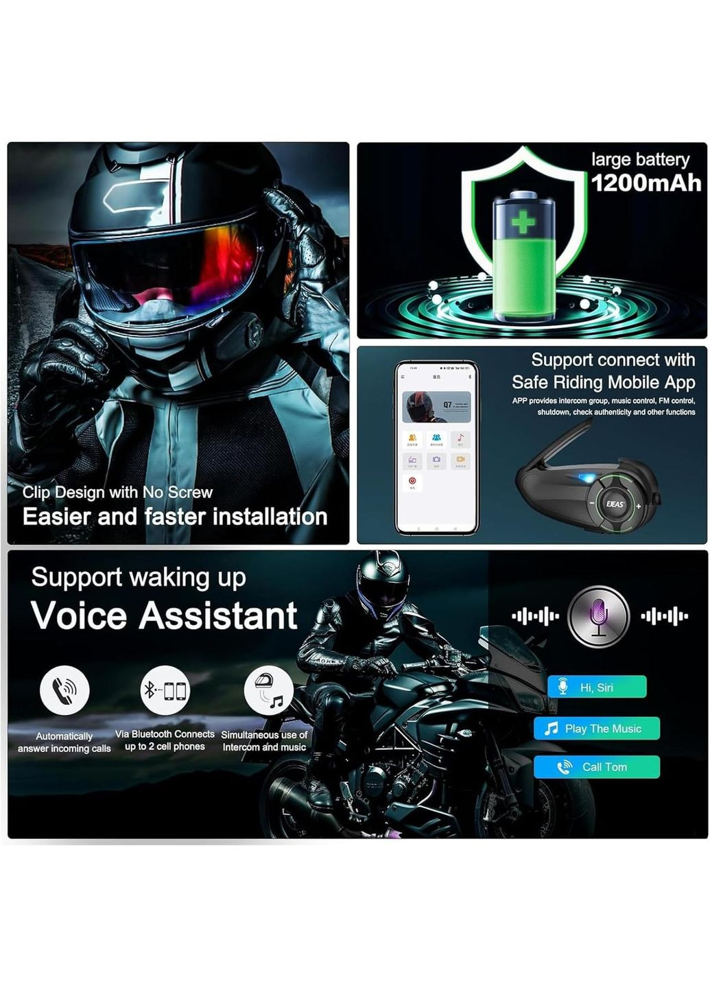 Мотогарнітура Q8, інтерком Bluetooth 1000м з CVC шумозаглушенням, FM, IP67, 1200 мАг акумулятор, з Mesh 3.0 No Brand (346493705)