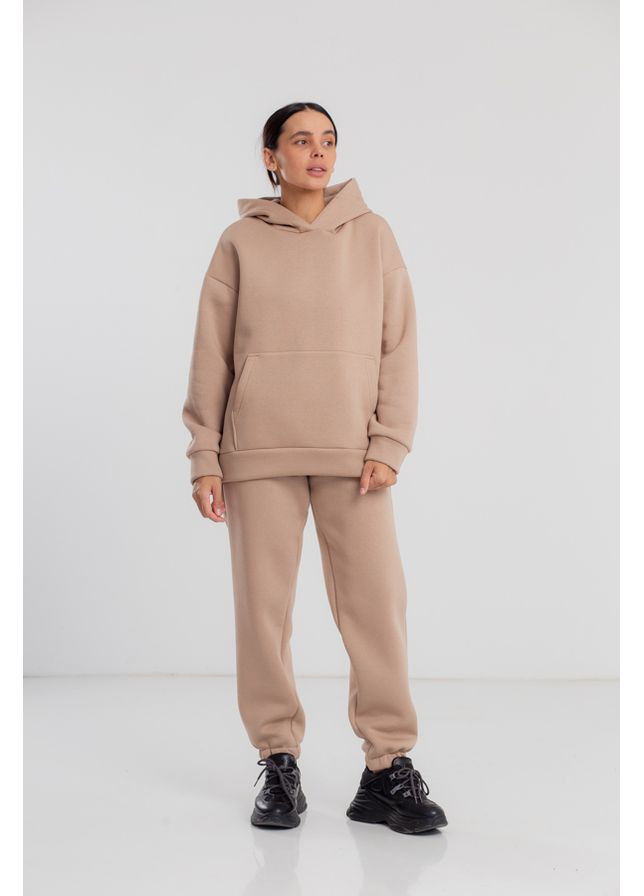 Теплий спортивний костюм жіночий зимовий на трикотажі худі та штани джогери 23.2129 44( ) темно бежевий AKSAN (308022589)