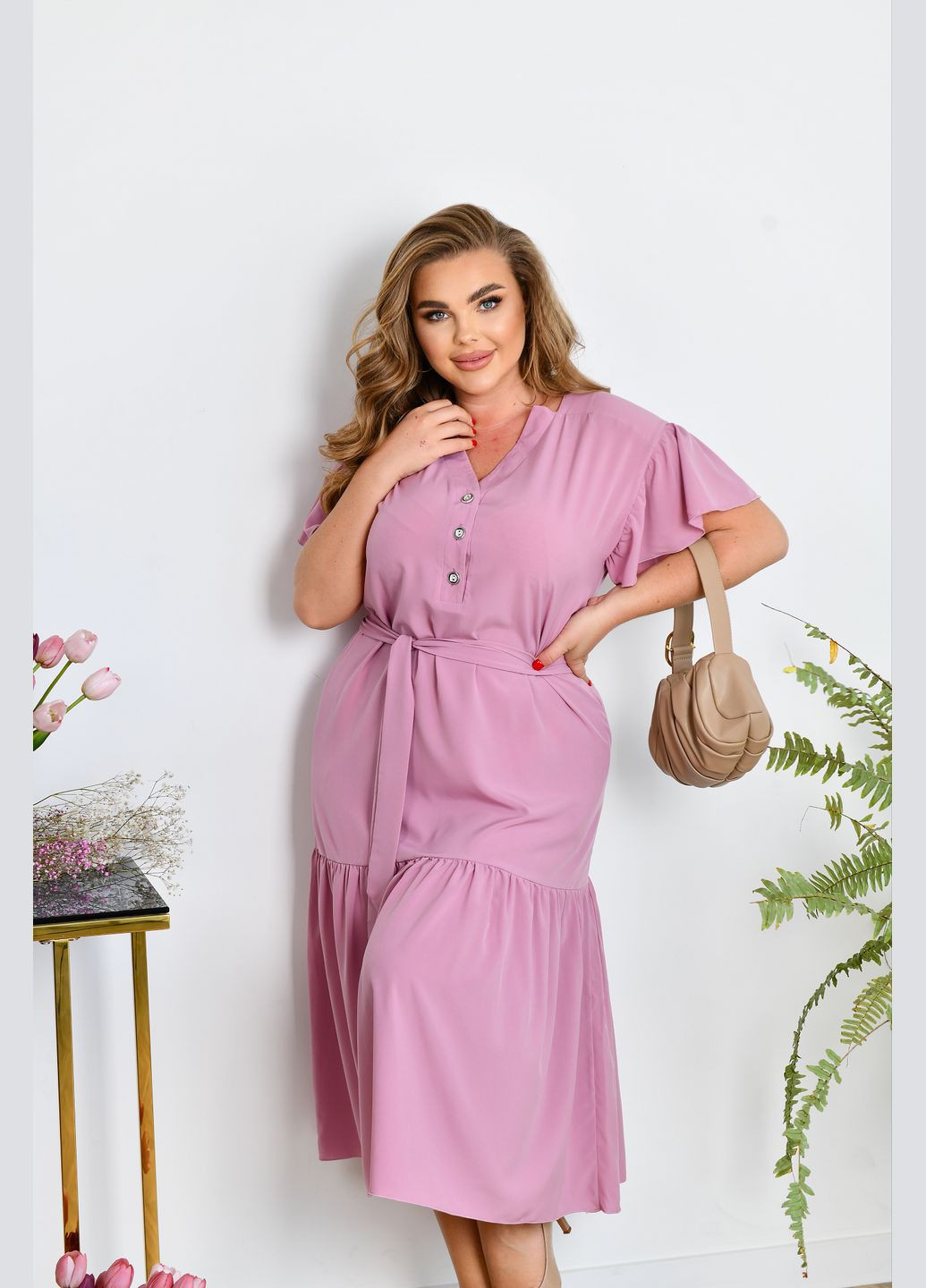 Рожево-лілова повсякденний сукня-сорочка з поясом сорочка No Brand однотонна