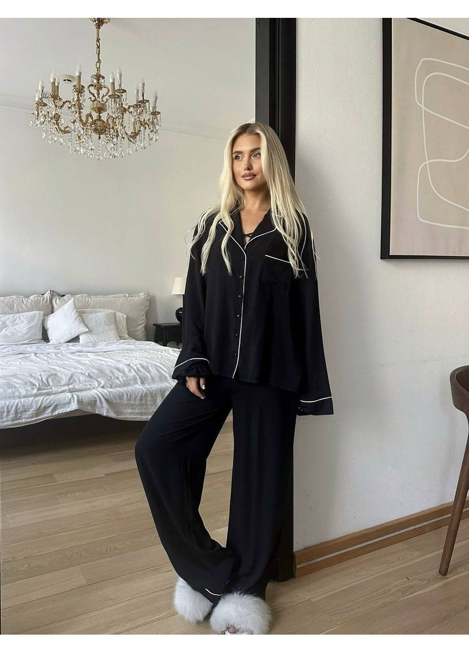 Черная стильная пижама (рубашка, брюки), цвет черный Fashion