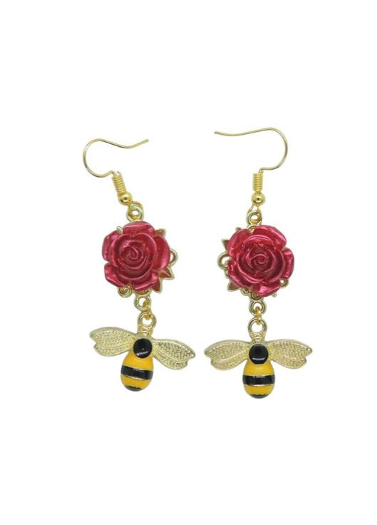 Сережки сережки гачок (петля) Бджілки на червоній Троянді 5.5 см золотисті довгі сережки Liresmina Jewelry (289479230)