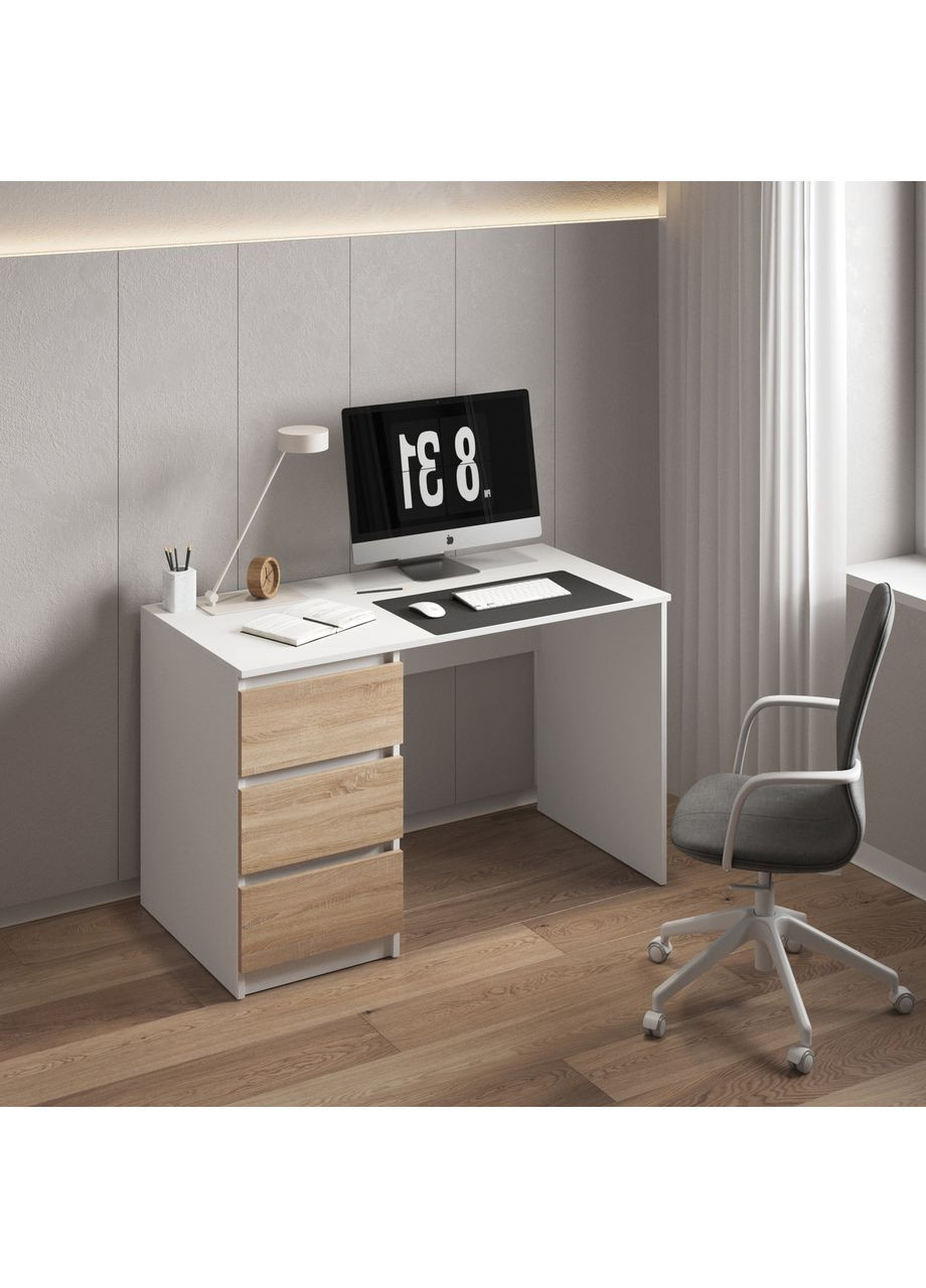 Стіл комп'ютерний, письмовий з 3 ящиками 1200x750x600 білий/дуб сонома No Brand (358928705)