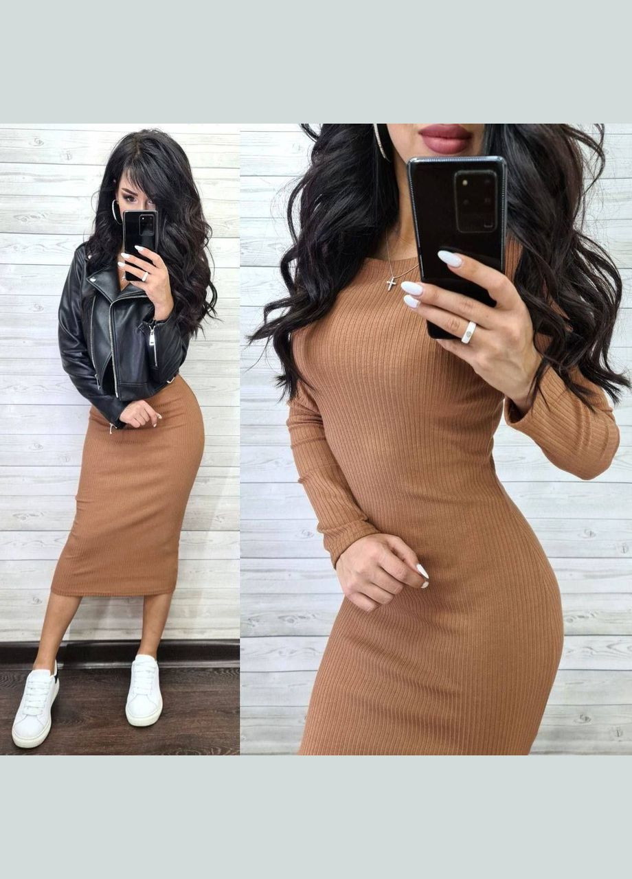 Бежева повсякденний, кежуал базова трикотажна сукня в рубчик Vakko однотонна