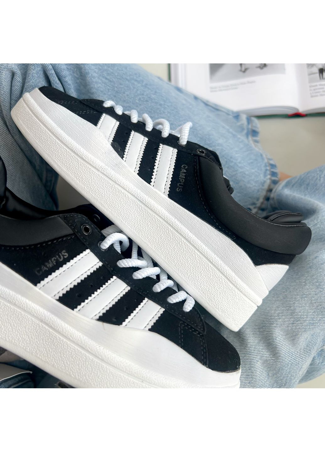 Чорні Осінні кросівки чоловічі і жіночі adidas campus x bad bunny black white | адідас кампус бед банні чорні No Brand