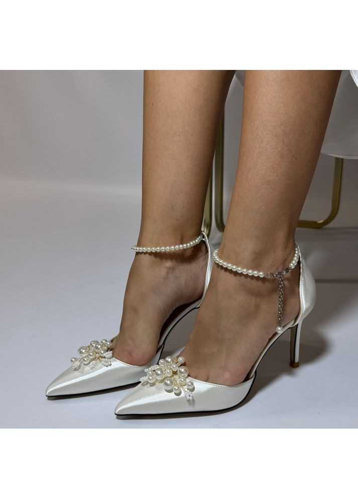 No Brand Женские туфли свадебные атласные и ремешком жемчуг и брошью 9 см белый з текстиль, — (351394473)