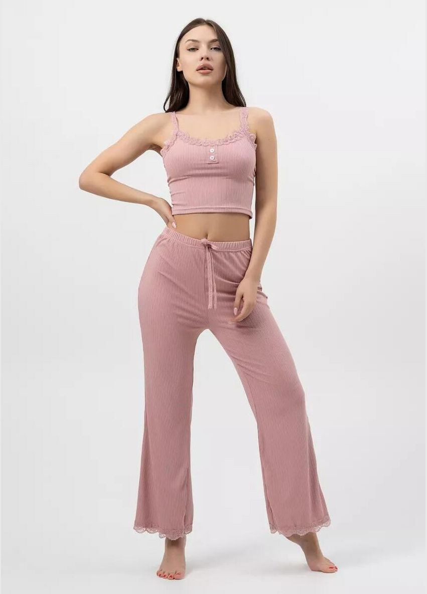Розовая всесезон женская пижама двойка с топом на тонких бретелях + брюки свободного кроя пижамный комплект в рубчик с кружевной отделкой майка + брюки Cindylove