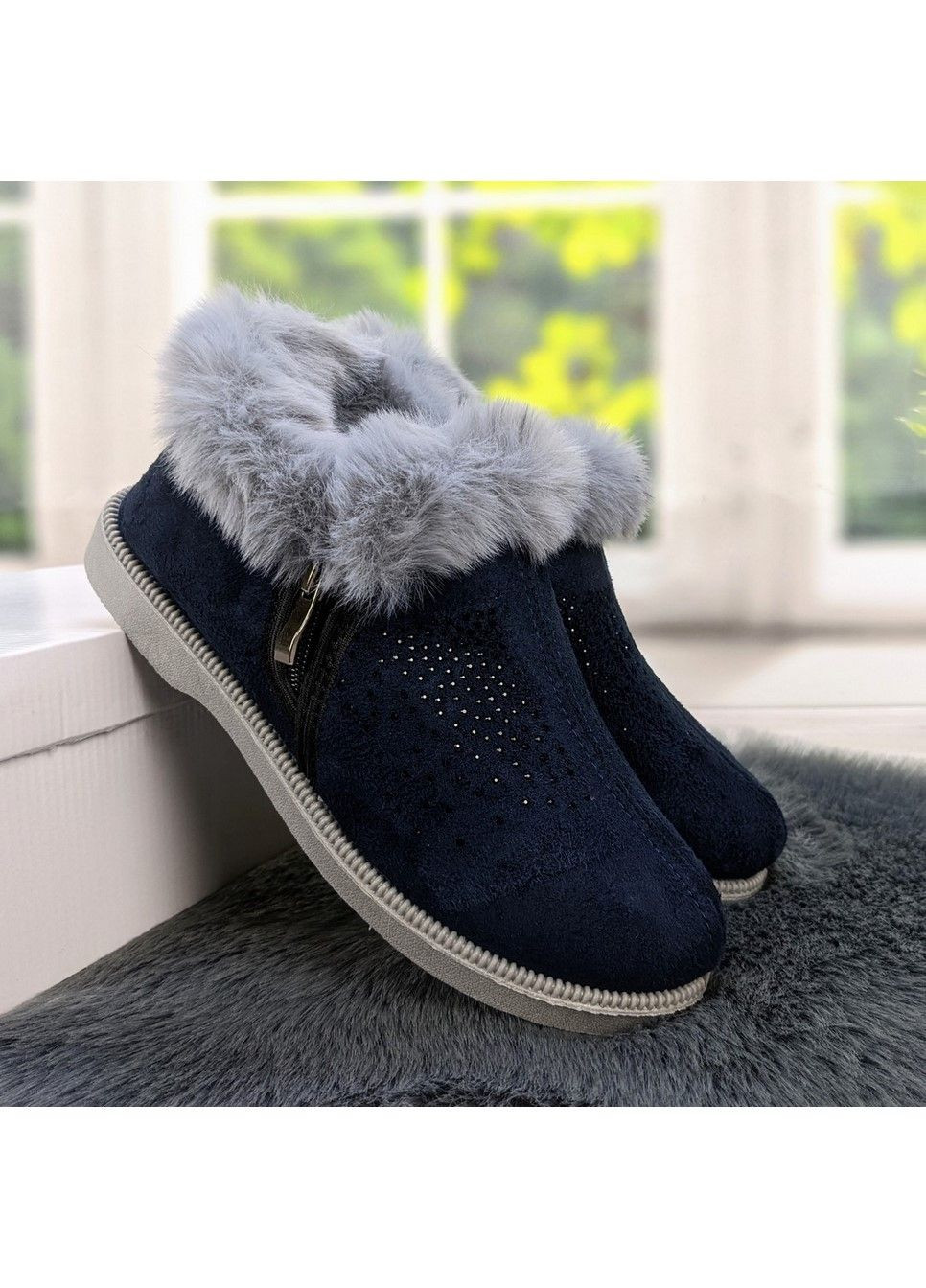 Тапочки чуні жіночі теплі високі сині з хутряною галявкою Progress (311665984)