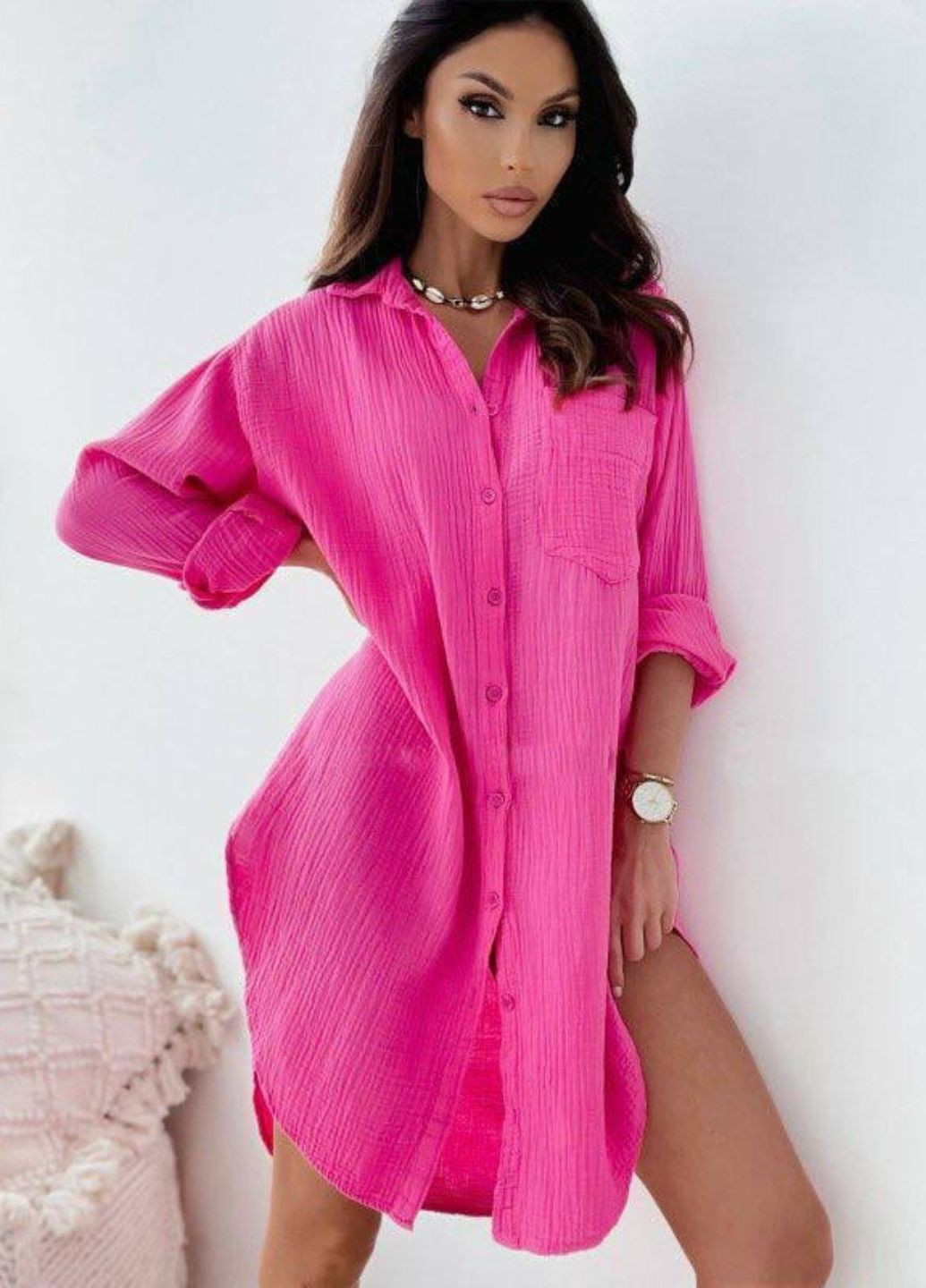 Малиновое повседневный пляжное платье-рубашка с поясом в комплекте рубашка Allthings однотонное