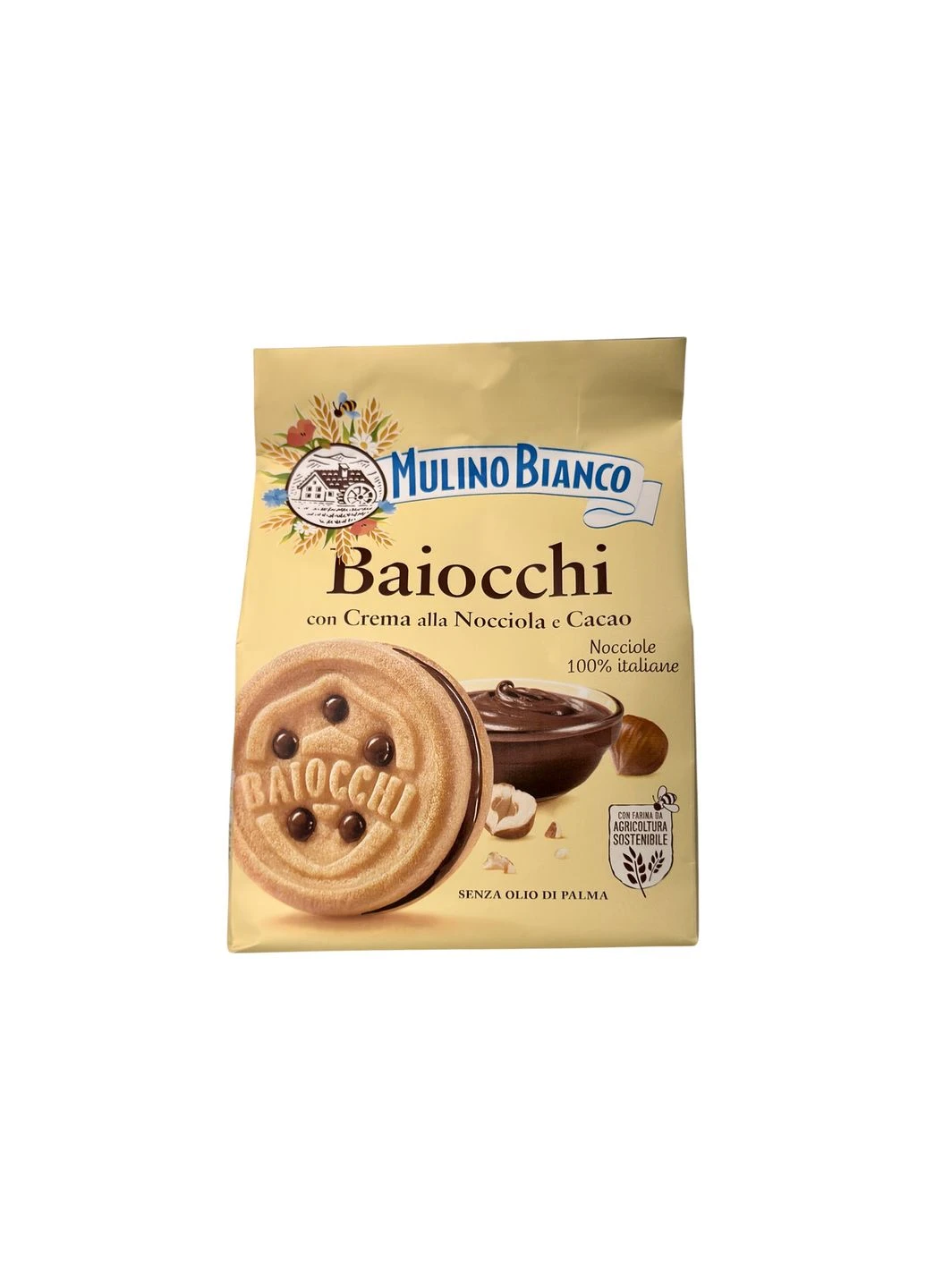 Песочное печенье сэндвич с орехово-шоколадным кремом baiocchi crema alla nocciola e cacao, 260 г Mulino Bianco (369144622)