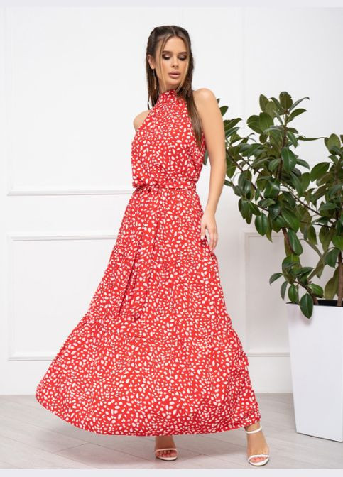 Красное повседневный длинное платье с воланом No Brand в горошек