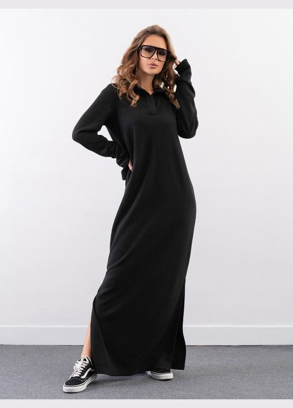 Черное повседневный черное длинное платье с воротником-поло ISSA PLUS однотонное