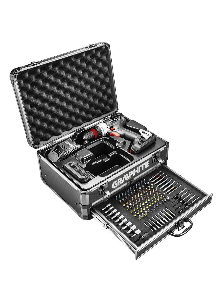 Шурупокрутдриль акумуляторний Energy+, 18В 2х2.0А•год, 44Нм, 0-1250об•хв, набір 109шт приладдя, кейс, 7.35кг Graphite (314928804)