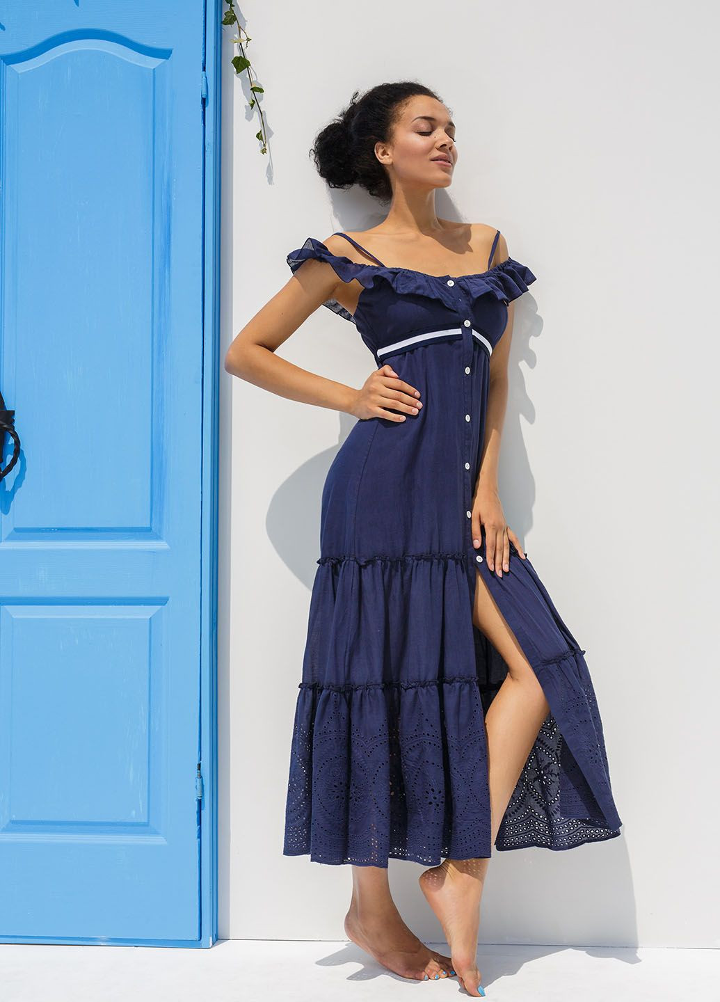 Темно-синее кэжуал длинное платье темно-синего цвета в морском стиле. ORA однотонное